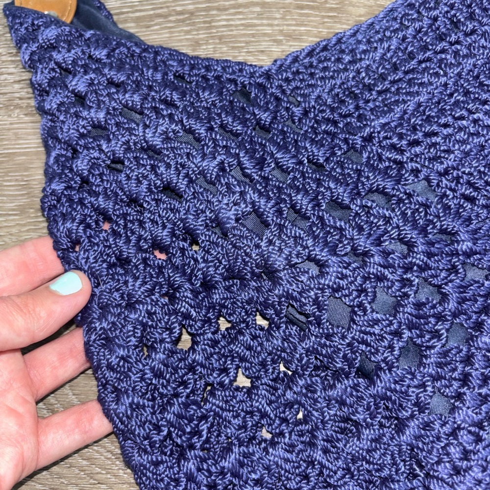 Navy Blue Crochet Shoulder Bag with Tan Straps